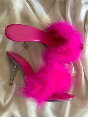 Y2K Girly Glam Hot Pink Feathered High Heel Kitten Slides Going Out Party 7